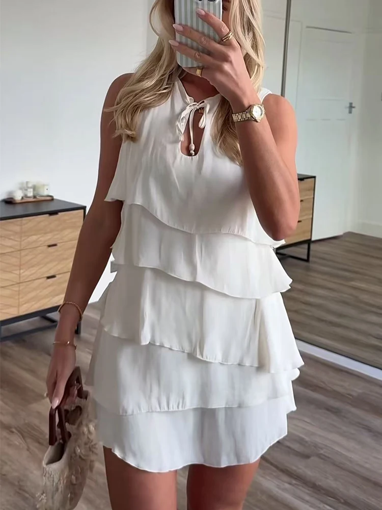 Ärmelloses Damenkleid mit Schleife und Schnürung am Hals, einfarbig, lässig, gerüscht, gestuftes Minikleid, Sommer, neu, elegant, modische Damenkleidung