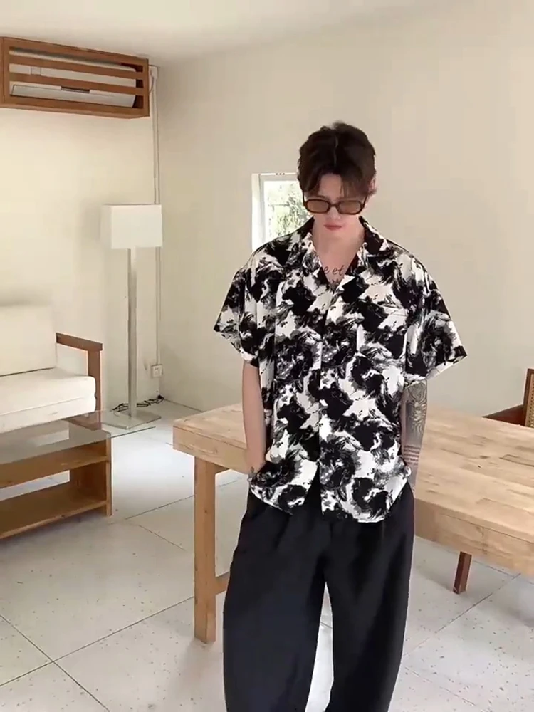 British Style Short Sleeve Floral Shirt Men's High Fashion Summer Baroque Shirt Ice Silk Open Cardigan Jacket Youth Trendy