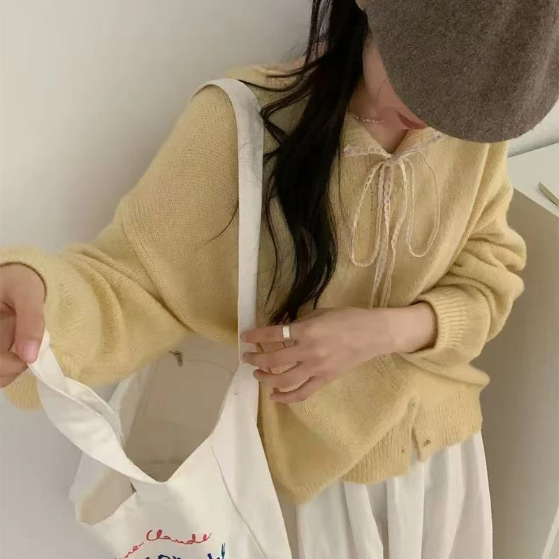 سترة صوفية بياقة مقلوبة من الدانتيل للنساء للخريف معاطف سترة غير رسمية بأزرار للنساء فضفاضة بأكمام طويلة ملابس خارجية دافئة للسيدات