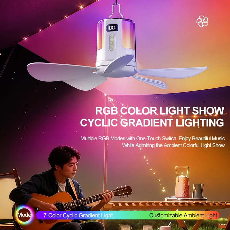 NEW Portable Camping LED Ceiling Fan with RGB Ambient Light 4 Gear Rechargeable Tent Hanging Fans for Bedroom Dorm Home Travel