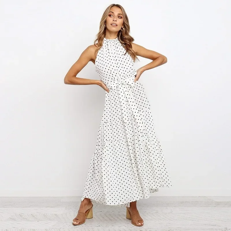 

White Mid-length Lace-up Polka-dot Dress Summer Women Casual Cottagecore Fairy Dress New Fashion Plus Size Sleeveless Sling