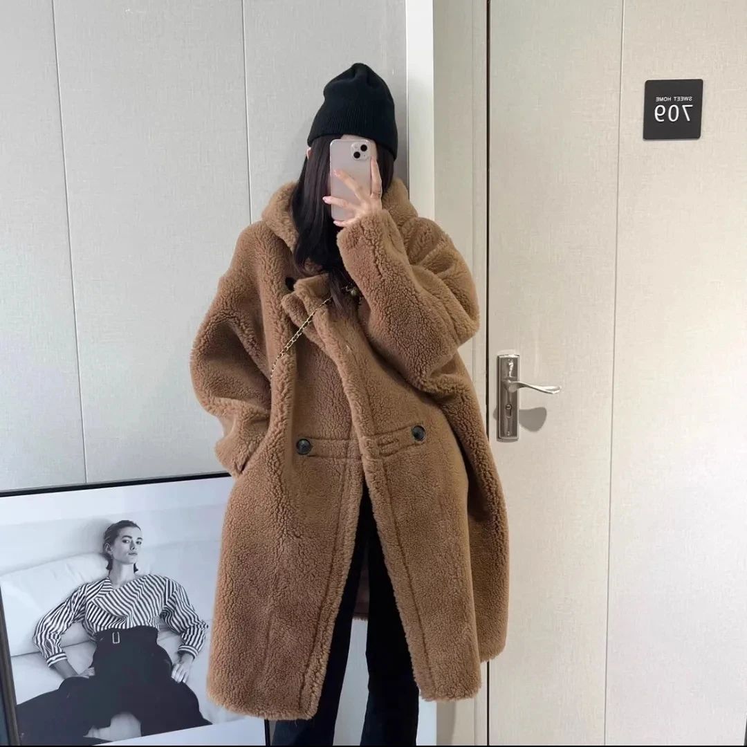 Casaco de Parka Shearling feminino, jaqueta de carneiro, Parka solta, casaco de pele quente, casulo com capuz, nova moda, outono inverno, 2022