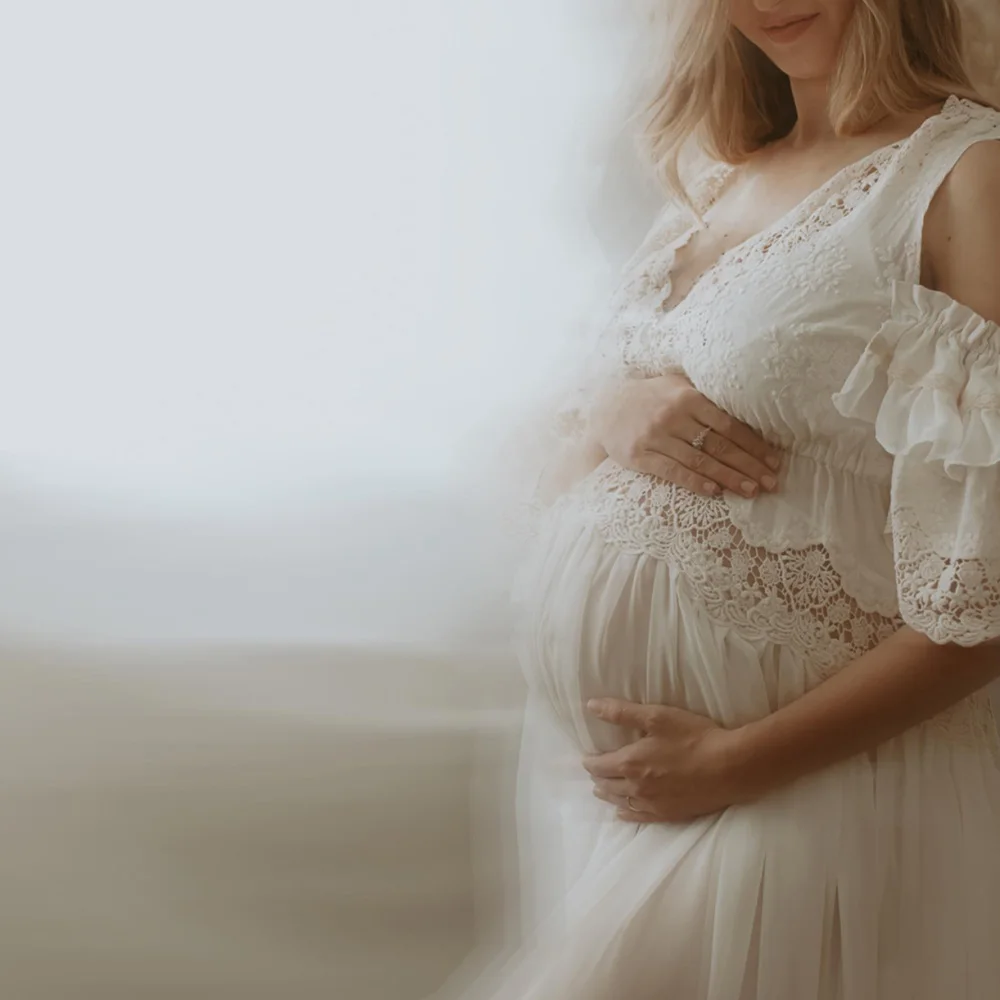 Maternity Photoshoot Dress V-Neck Embroidered Cotton Lace Dress - Boho White Maternity Gown Perfect for Pregnancy Photography