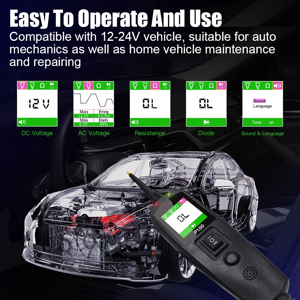 P100 24V 12V Probe Pen Car Tester Voltage Resistant Test Circuit Ignition Battery Scanner Diagnostic Tools Auto Accessories