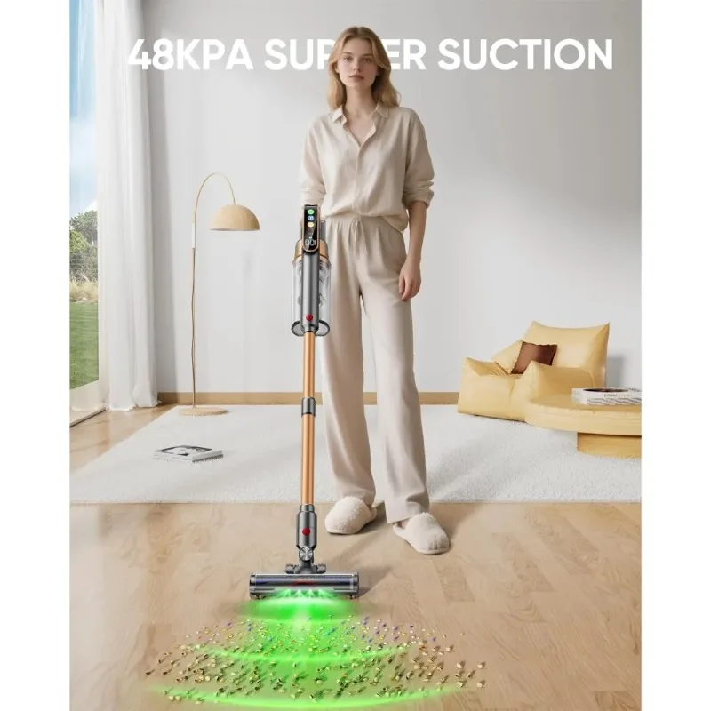 コードレス掃除機、580W/48KPA/65分 家庭用掃除機、スーパー1.8Lカップ＆大型LEDスクリーン搭載スティック型掃除機、絡まり防止