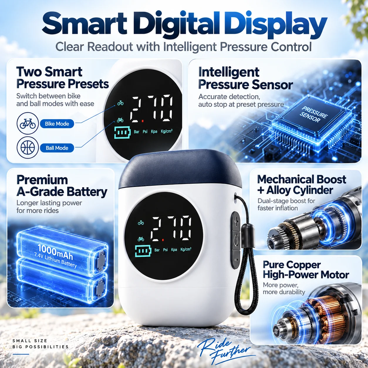 Mini Electric Bike Pump 120PSI, Fast Inflation Portable Bicycle Air Pump with Gauge for Road MTB Motorcycle Sports Balls