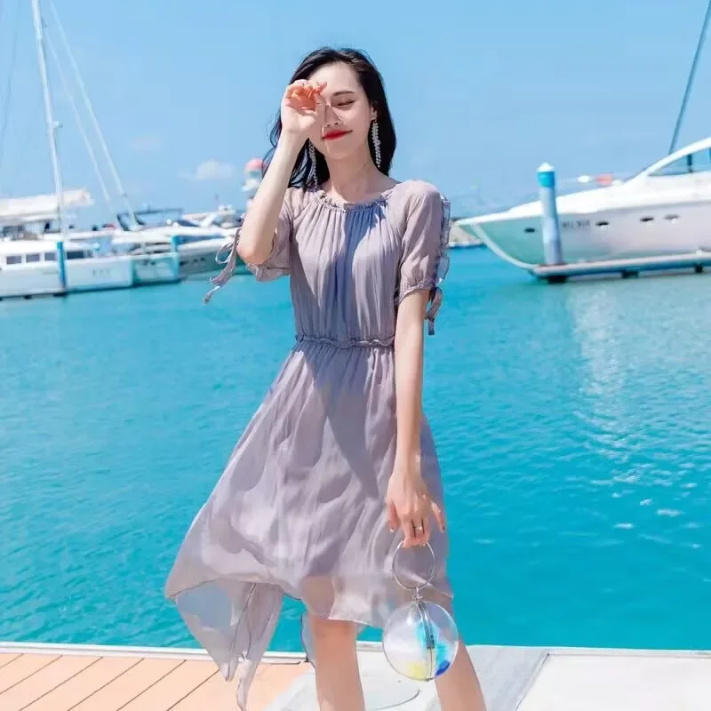 100% Real Silk Woman Dress Summer Elegant White Dresses For Women Clothing Fashion Design Office Lady Holiday Beach Dress Zm276