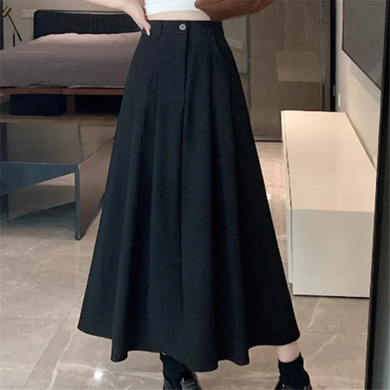 Black Women's Long Skirt Korean Chic Temperament High Waist A-line Skirts Ladies Vintage Brown Streetwear Midi Skirt