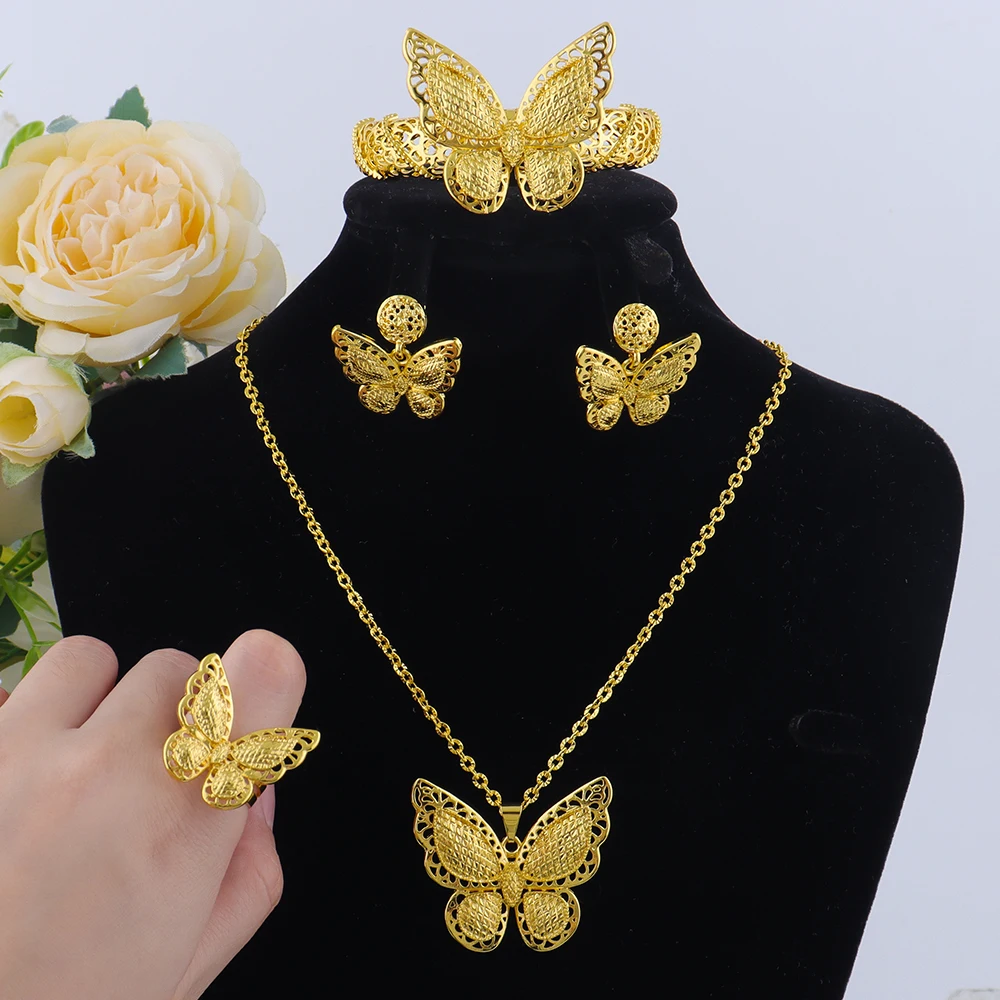 

Dubai Gold-Plated Butterfly Pendant Necklace Bracelet Earrings Ring 4pcs Jewelry Set Brides Wedding For Women Accessories Gifts