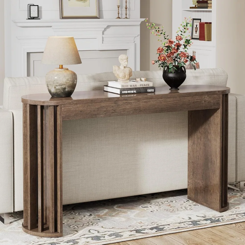 59-Inch Long Console Table, Farmhouse Wooden Sofa Table Behind Couch, Narrow Entryway Table with Geometric Frame