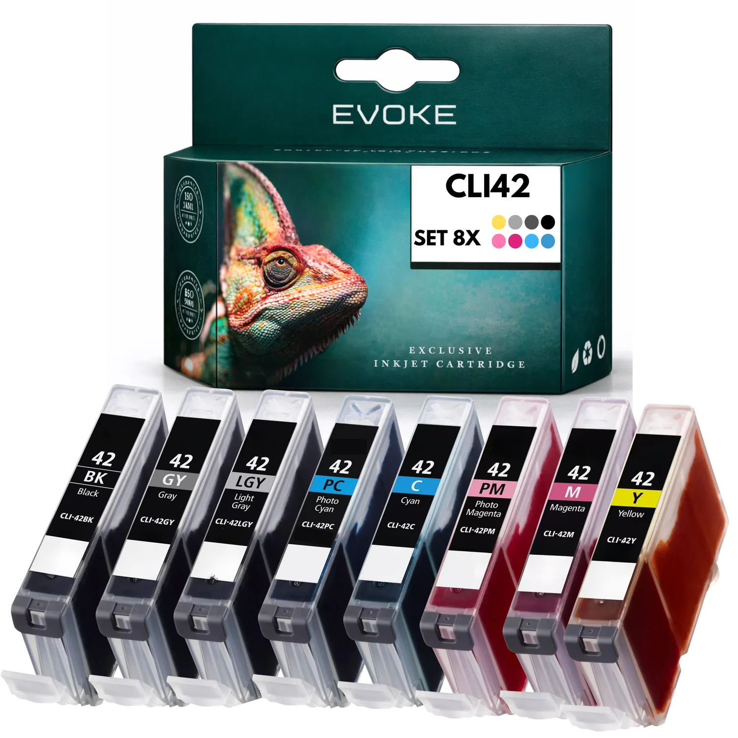Evoke Compatibele Inkt voor Canon Cli-42 Cli42 8X Foto: Zwart, Cyaan, Magenta, Geel, Foto Cyaan, Foto Magenta, Grijs, Lichtgrijs 112 ml Pixma Pro-100 Pro-100S