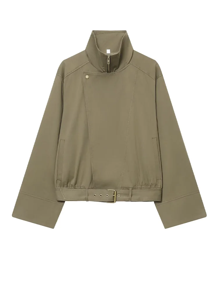 

HH 2026 Autumn Woman Streetweer Style Short Jackets Zipper High-Necked Fashion Belt Decoration Long Sleeves Trendy Solid Coats