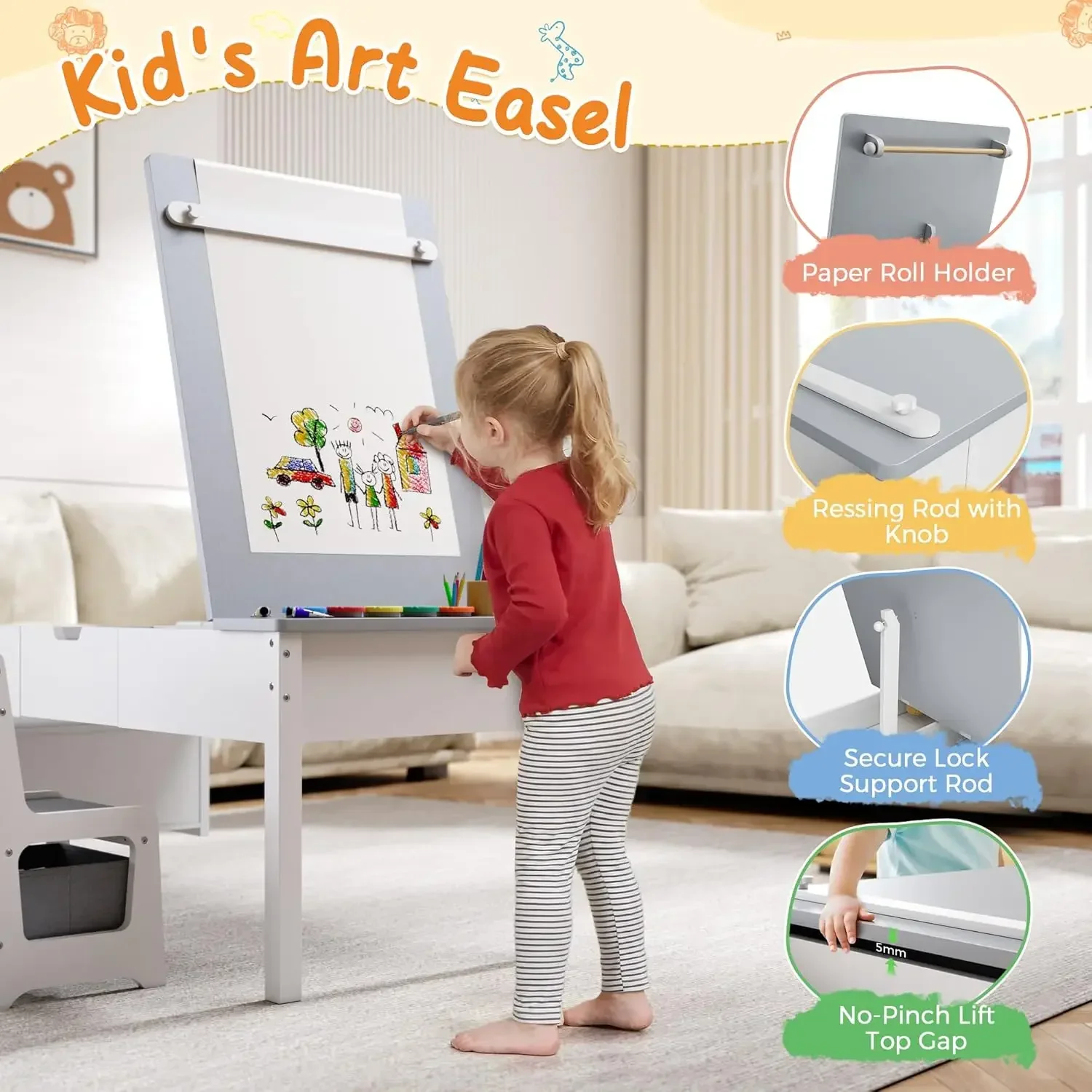 5-in-1 Kids Art Table and Chairs, Toddler Table and Chair Set, Craft Play Desk for Kids, Convertible Art Easel with Paper Roll H
