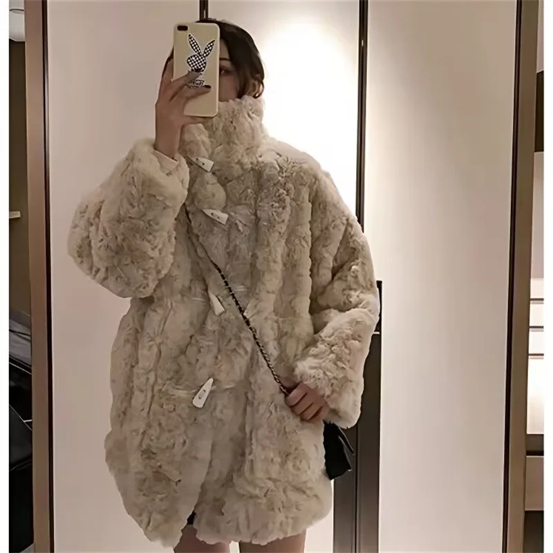 2026 Autumn Winter New All-match Lamb Velvet Thickened Fur Coat Imitation Sable Rabbit Fur Languid Wind Horn Buckle Furry Coat