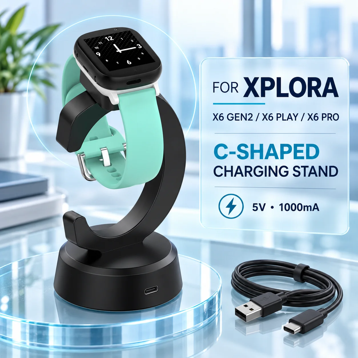 C-Shape Stand Charging Cable for Xplora X6 Play/X6 Pro/X6 Gen2 Watch, Charger Dock Magnetic Connector with Stable Charging Base
