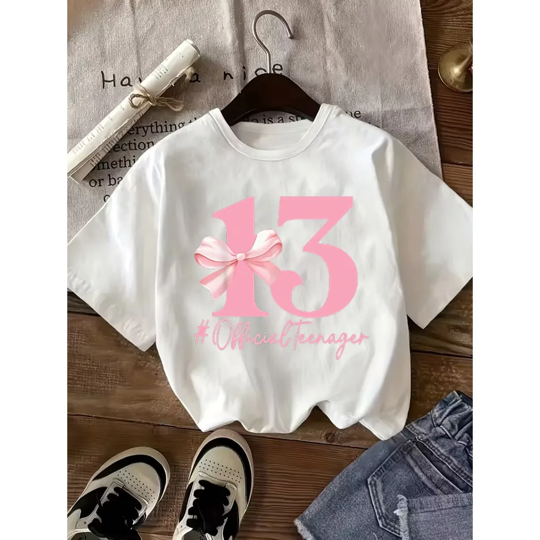 Children's Round Neck T-shirt Fashionable Loose Soft Comfortablebreathable Versatile Youth Ribbon Pattern Top