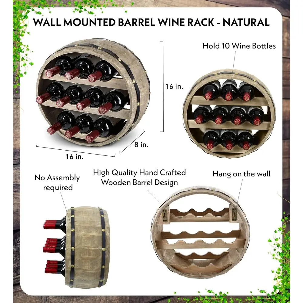 Natural Wood Industrial Wall Mounted Barrel Wine Holder for 10 Bottles, Decorative Wall Mounted Bottle Rack, Rustic Wall Wine St