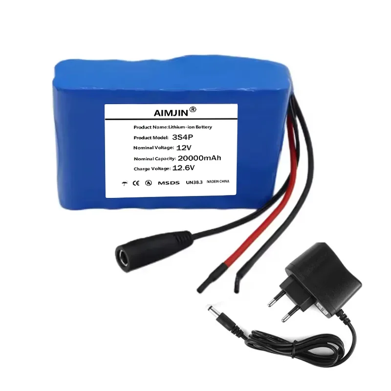 20Ah 3s4p 12V Battery Pack 18650 Lithium Ion 12V 20000mAh DC12.6V Super Large Capacity Rechargeable Battery with BMS + Charger