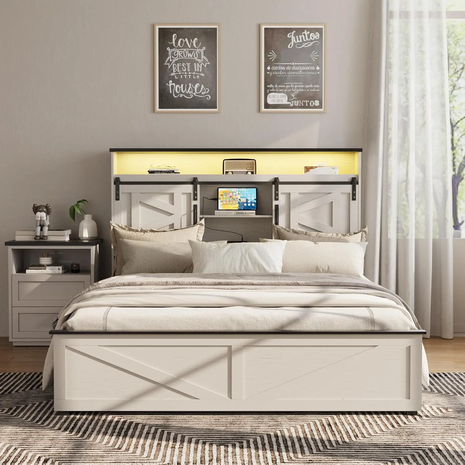 Farmhouse Full Size Bed Frame with 4 Drawers and Bookcase Headboard, Sliding Barn Door Storage Shelves, LED Lights, Customized image 3