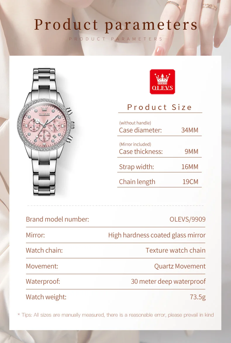 OLEVS 9909 Diamond Luxury Quartz Woman Wristwatch Chronograph 24 Hours Display Watch Stainless Steel Waterproof Watch For Women