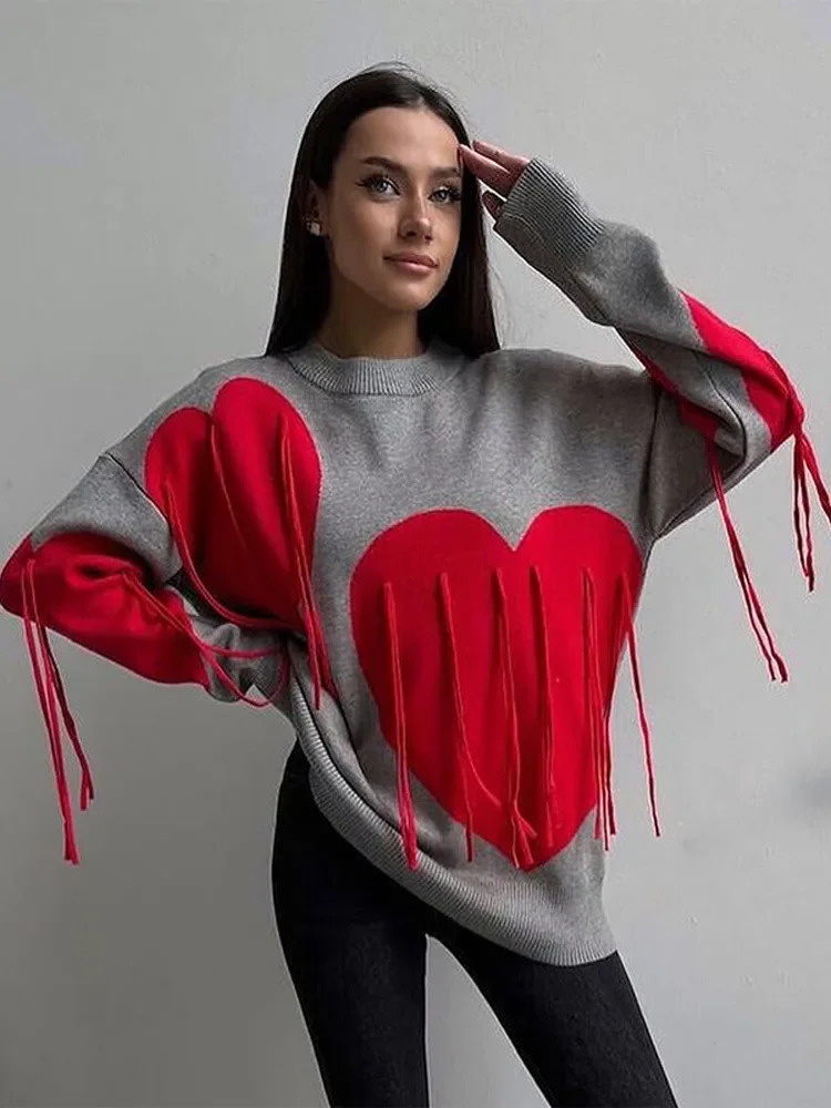 Women\'s Tassel Love Heart Printed O-neck Sweaters Casual Long Sleeved Loose Warm Pullover Autumn Winter High Street Commute Tops