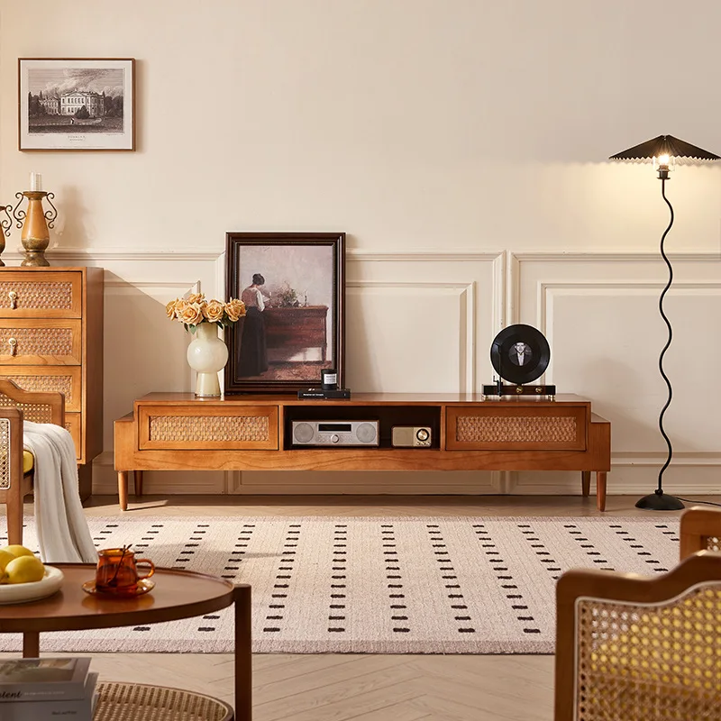 

Wabi-sandy wind rattan solid wood TV cabinet household living room drawer corner cabinet