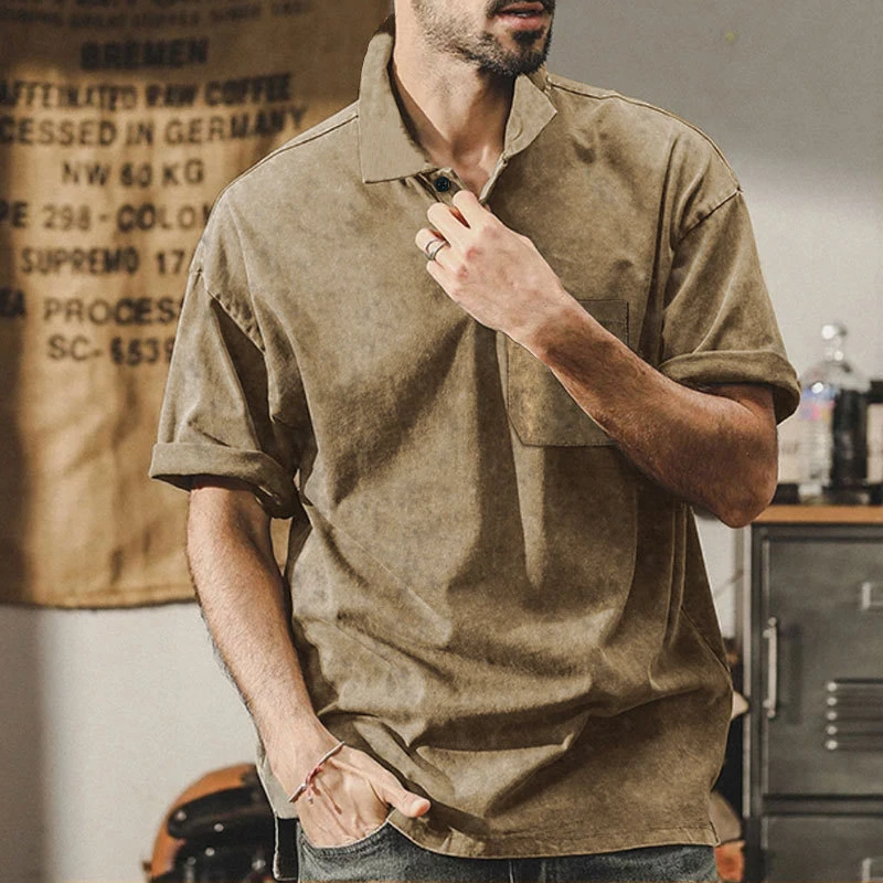 

2024 Summer New Casual Mens Polo Shirts Fashion Loose Button Polo Collar Washed T Shirt Men Streetwear Vintage Short Sleeve Tees