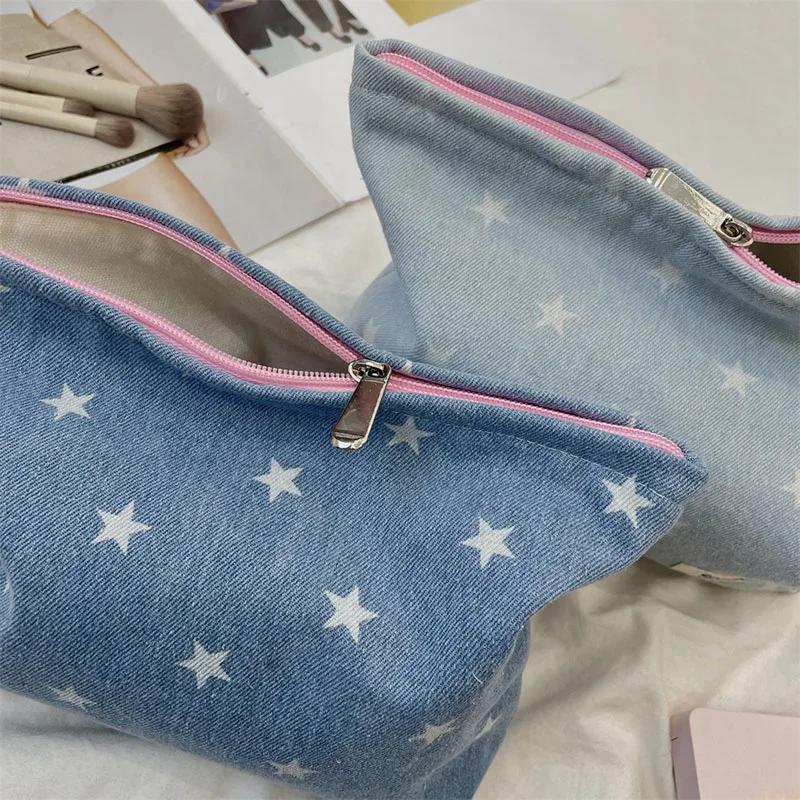 韓国風 大きなリボン 星柄 プリント 化粧品収納 ジッパーケース スキンケア用品 コスメ収納バッグ 旅行用メイクアップバッグ 1