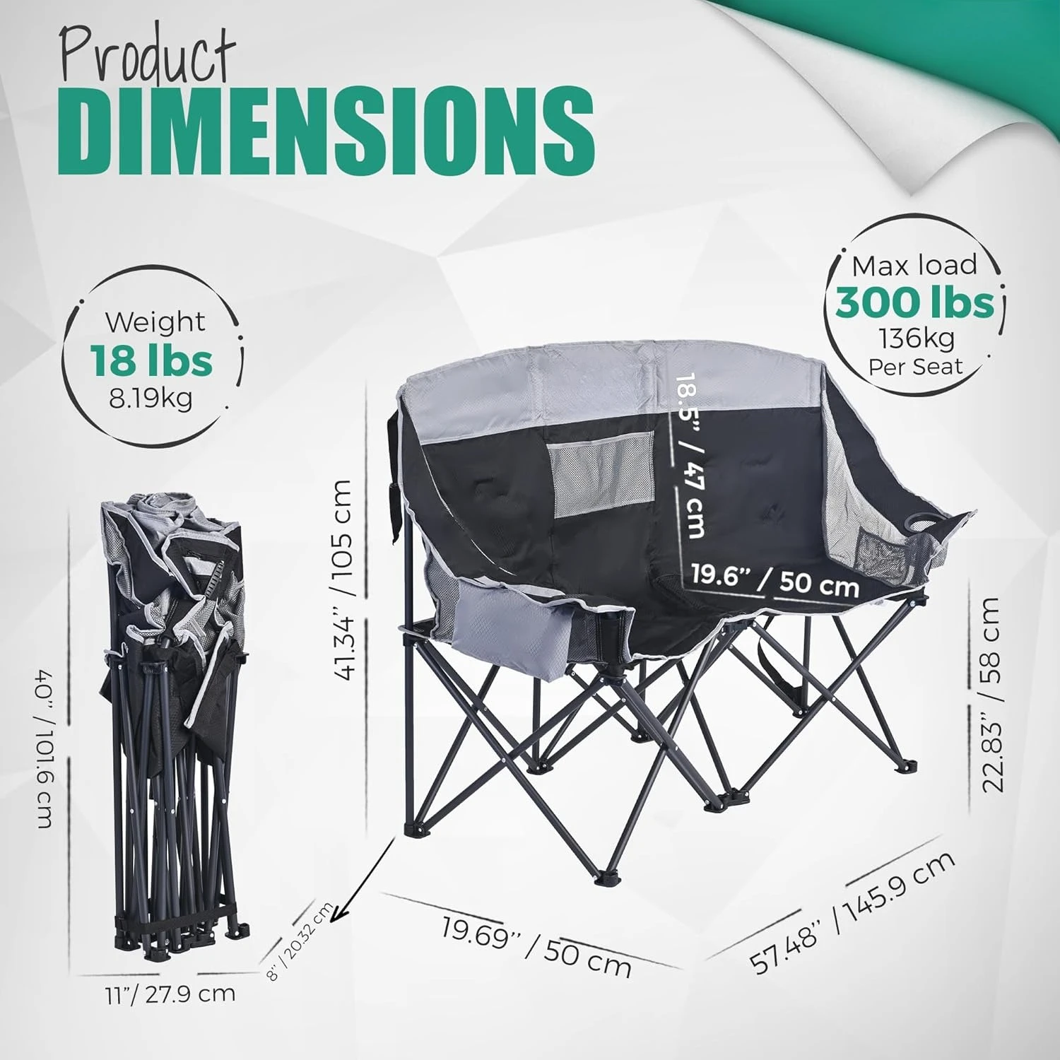

Folding Double Camping Chair, Oversized Loveseat Chair, Heavy Duty Portable/Foldable Lawn Chair with Storage/Cooler