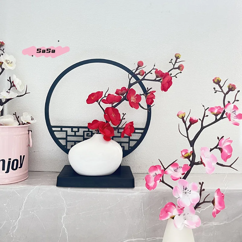 1Pc 15cm Elegant Artificial Plum Blossom Bonsai Set with Screen Base Chinese-Inspired Home & Office Decor Includes Pot