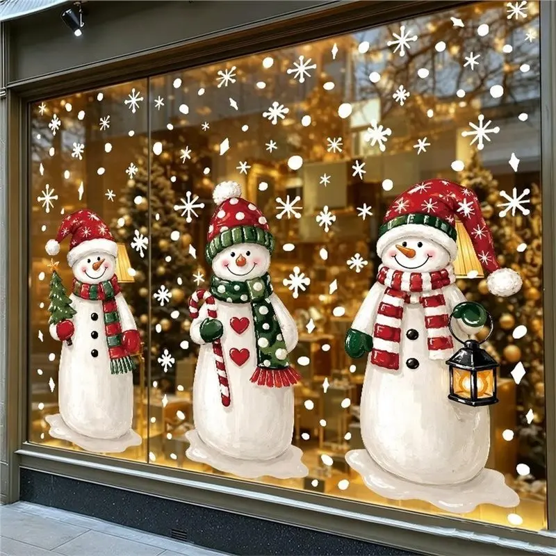 M11K-3 Sheets Cartoon Snowman Merry Christmas Windows Stickers For Glass Window Large Windows Decals Static Double-Side