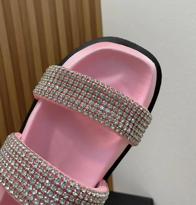 Flat Platform Leisure Rhinestone Strap Slides Thick Sole Comfortable Luxury Crystal Open Toe Pink Green Sapatos Cool Summer Shoe