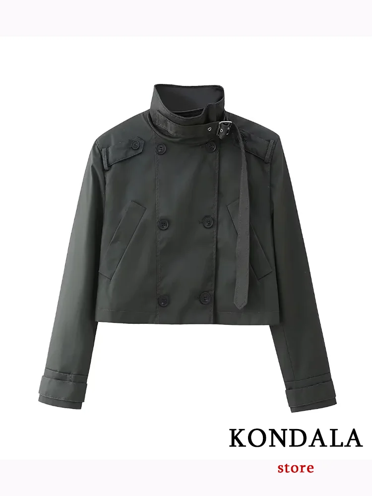 KONDALA Casual Women Jackets Solid Pockets Double Breasted Turtleneck Short Waxed Leather Coat Fashion 2023 Autumn Trench Coat