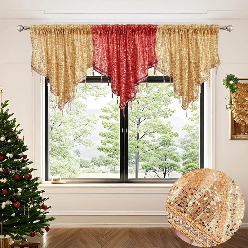 1pcs Creative Sequin Christmas Triangle Valance Curtain Elegant Home Decorative Window Scarf Drape Holiday Party Decor Curtains