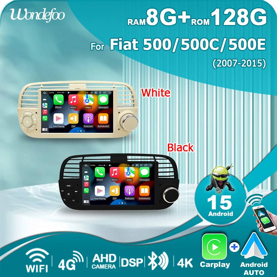 8G 128G Wireless Carplay Android 15 Auto-Autoradio 7'' Bildschirm Stereo für Fiat 500/500C/500E 2007-2015 Bluetooth Autoradio Navigation Multimedia-Player 2 DIN