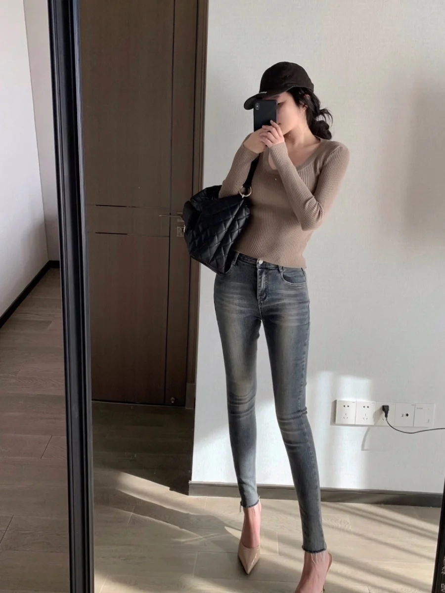 

High Waist Faionable Women's Jeans Elastic Cotton Stretch Pencil Nine Points Pants Spring Wear Resistant Blue Color