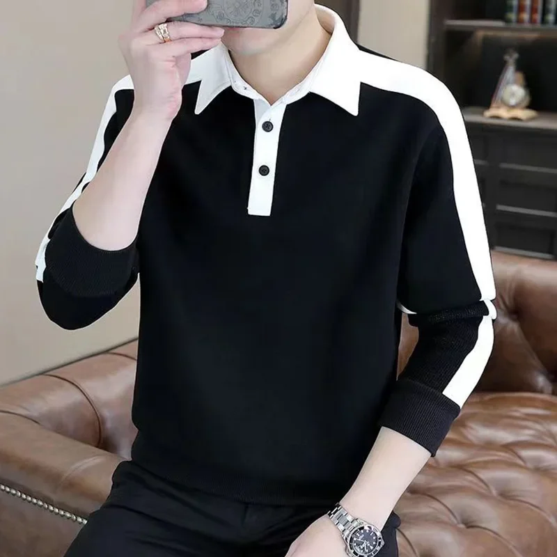 

LIBIELIY Fashion Lapel Button Spliced Loose Casual Sweatshirt Men's Clothing 2025 Autumn New Oversized All-match Tops Korean Swe