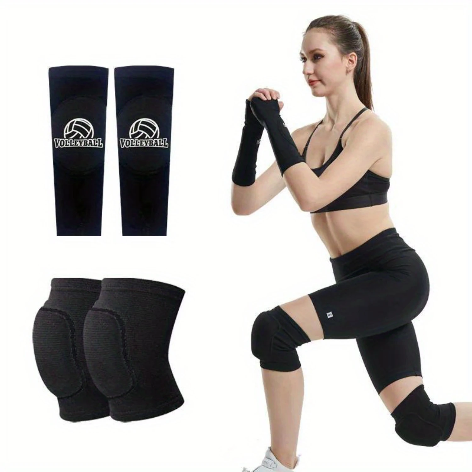 

2pairs/set, 1pair Volleyball Knee Pads, 1pair Volleyball Arm Sleeves With Protective Pads And Thumb Holes, Suitable For Women Vo