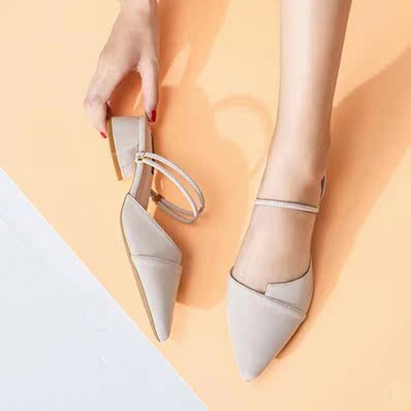 Fashionable Pointed Toe Sandals Women's Slip-On Two-Way Wear mid Heel Thick Heel Headed Shoes Summer New Style Fairy Wind