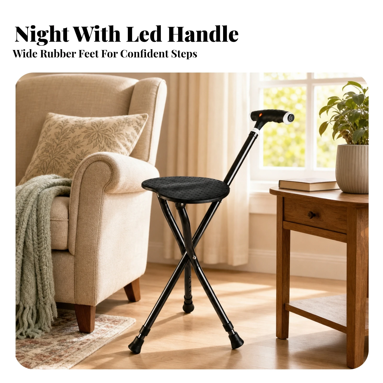 Walking Cane with Seat Foldable Walking Stick with Seat Cane Stool Easy to Fold Lightweight for Seniors, Travel, Waiting in Line