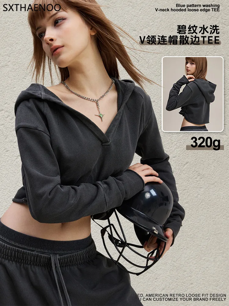 SXTHAENOO 2025 خريف جديد الأوروبية والأمريكية الرجعية التوابل فتاة الخامس الرقبة مطوي قصيرة مقنعين قميص قطني بكم طويل Soild تي شيرت المرأة #3