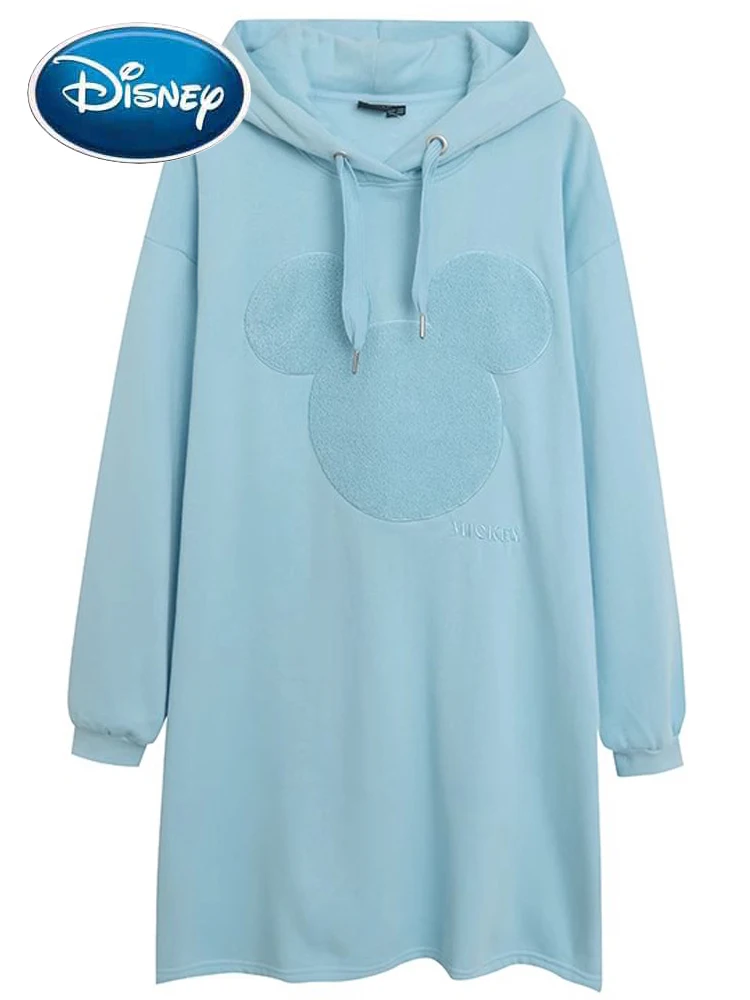 Disney Sweatshirt Mickey Mouse Cartoon Print Embroidery Appliques Women Long Sleeve Hooded Pullover Fleece Long Jumper Tops Blue