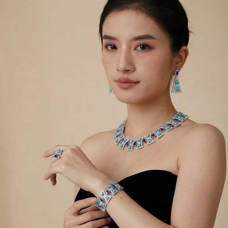 

Европейские и американские серьги-кольца, браслеты, ожерелья для женщин, инкрустированные кубическим цирконием, синтетическим сапфиром, бирюзой, комплекты ювелирных украшений для вечеринок