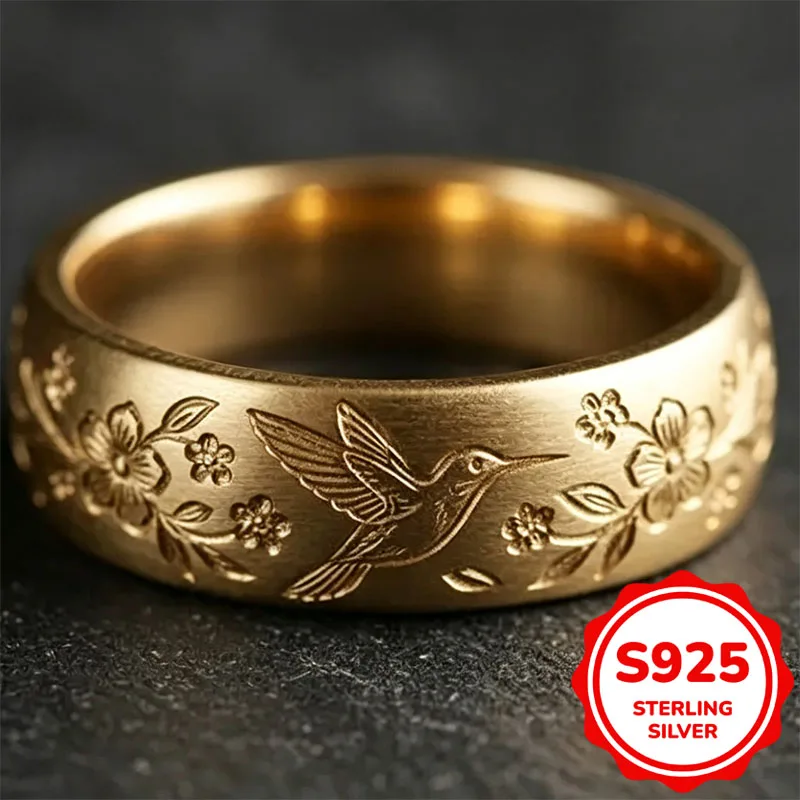 Genuine 925 Sterling Silver 14K Gold Plated Hummingbird Floral Engraved Wide Band Ring Women Vintage Bird Flower Carved Ring