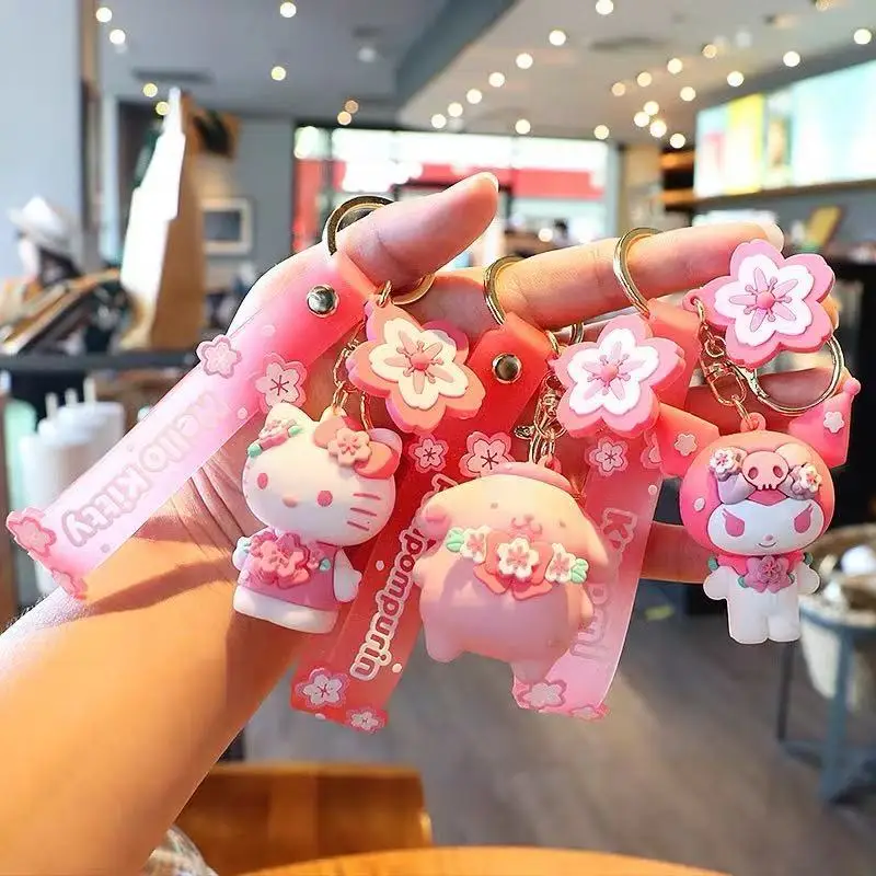 Sanrio Keychain Cinnamoroll Hello Kitty Keychains Kawaii Kuromi Melody Pendant Keyring Cute Girls Pompom Purin Key Chain Gifts