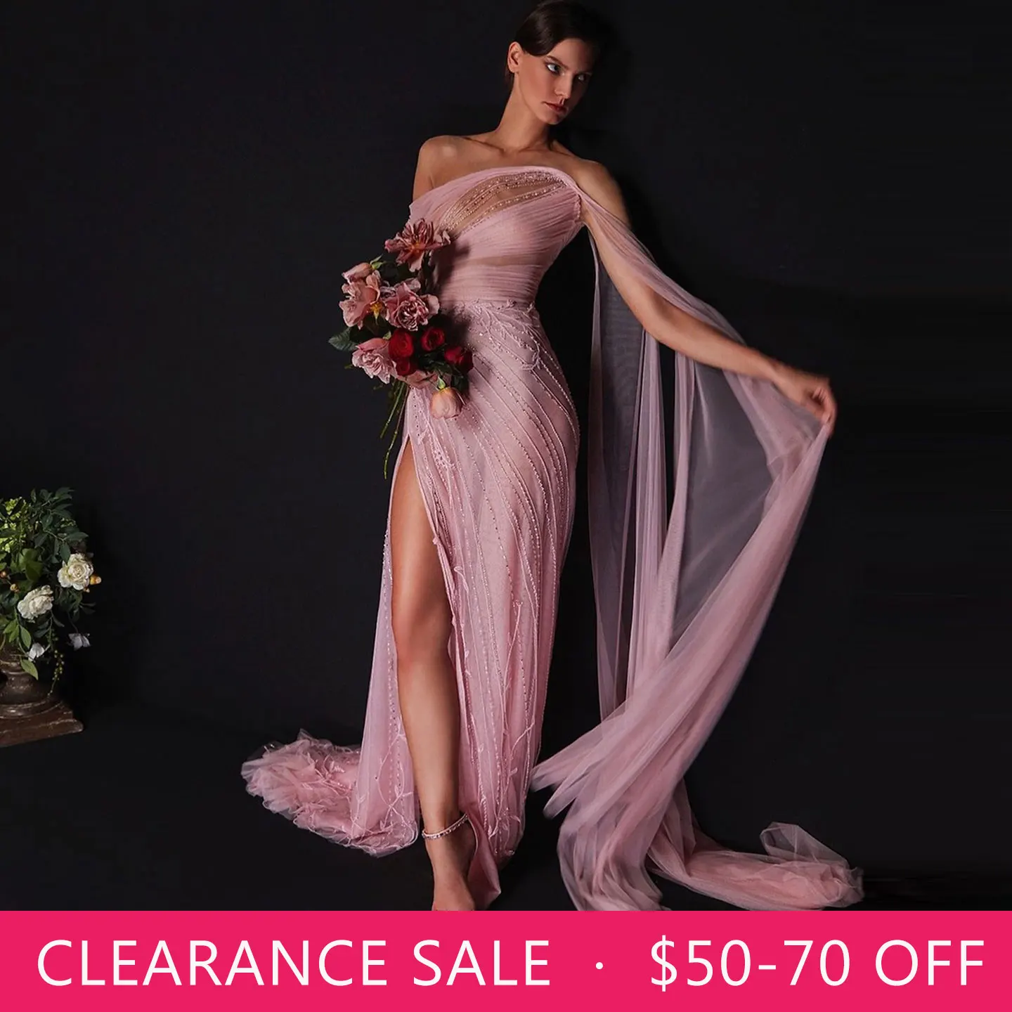 Sharon Sharon Said Super Discount Sheer Pink Tulle One Shoulder Evening Dress with High Slit Formal Occasion Party Gown for Women SS466 - Aliexpress Deal
