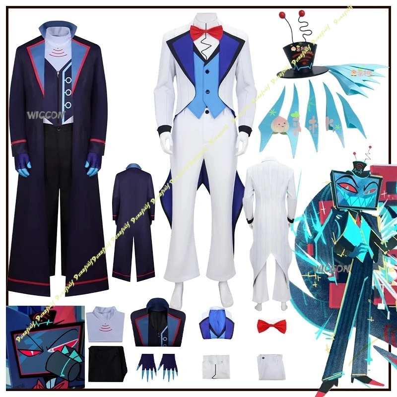 

Костюм для косплея «Отель Хэллоуин»: мужской костюм Вокса, аксессуары, пальто, одежда для вечеринок и сценических выступлений, сине-белый, подарочный набор с бантом на Хэллоуин