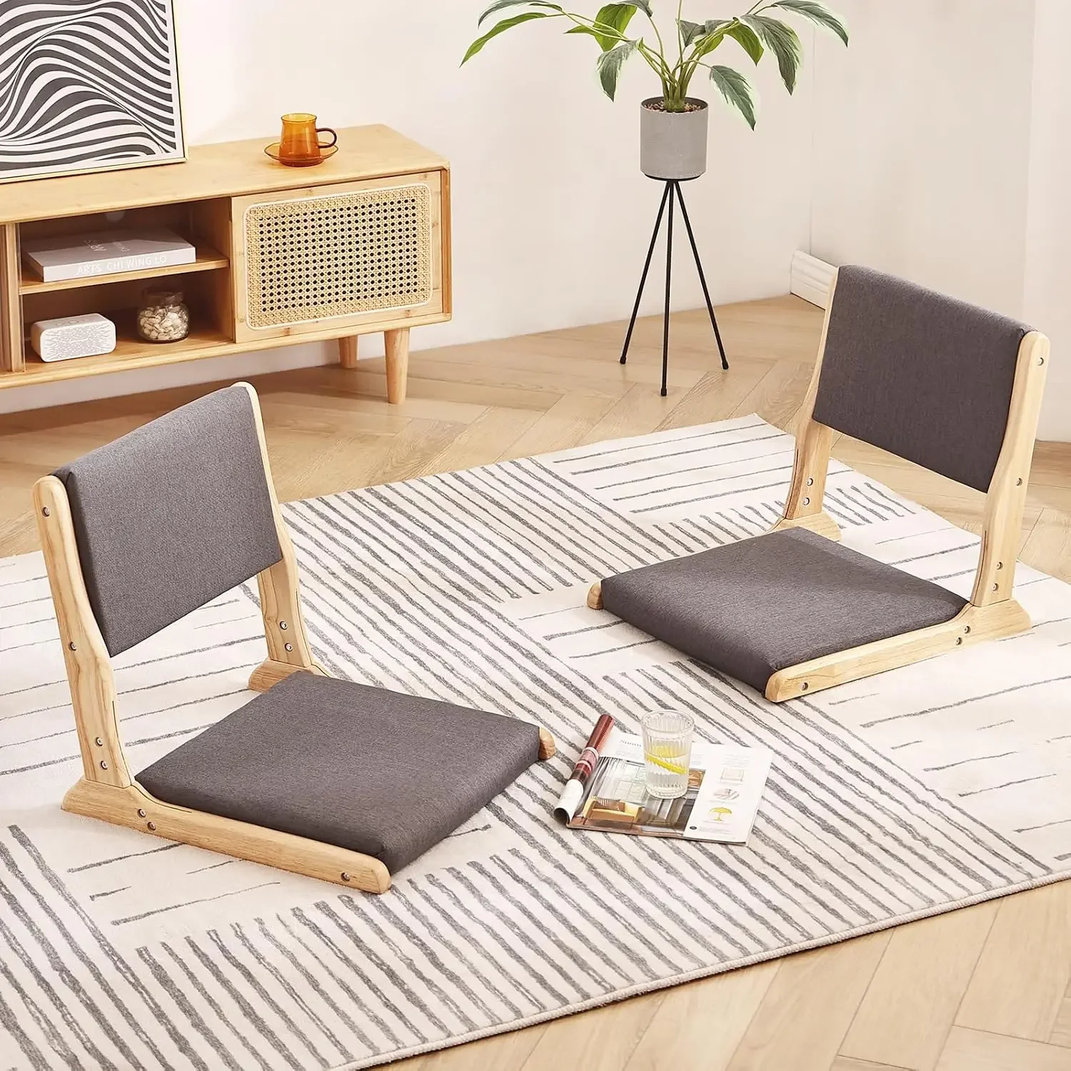 2-Pack Foldable Meditation Floor Chairs, Back Support, Wood Dark Grey