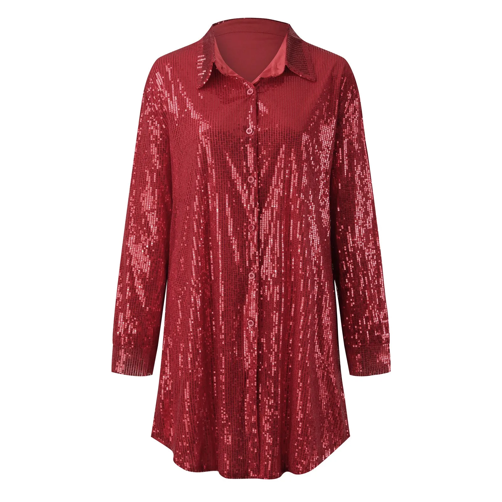 Female Sparkly Sequins Blouse Buttoned Solid Color Shirts Women Plus Size Tunic V Neck Mini Dress Long Sleeve Loose Shirt Fall