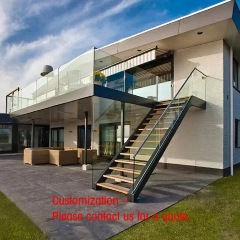custom.Outdoor Stairs Custom Steel Structure External Straight Staircase Wood Steps Straight Stairs With Glass Railing